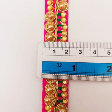 Fuchsia Pink Fabric Embroidered Trim with Gold Beads, Decorative Sari Trim, Trim By 3 Yards